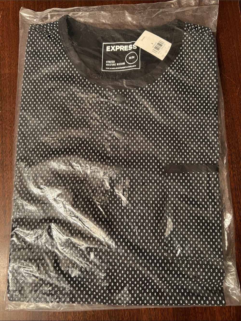 NWT Express Men’s Black Button-Down Shirt with White Microcircle Patter